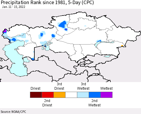 Kazakhstan Precipitation Rank since 1981, 5-Day (CPC) Thematic Map For 1/11/2022 - 1/15/2022
