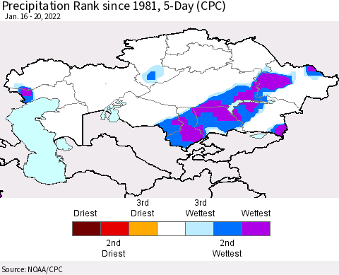 Kazakhstan Precipitation Rank since 1981, 5-Day (CPC) Thematic Map For 1/16/2022 - 1/20/2022
