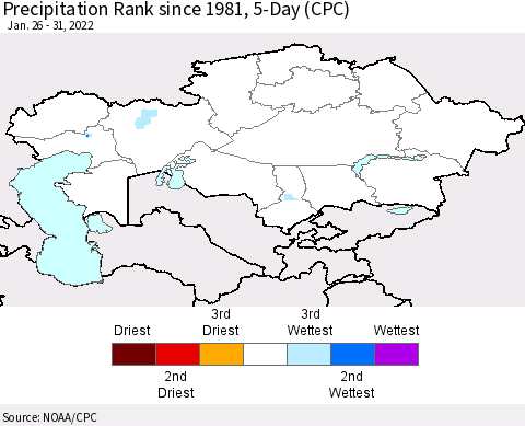 Kazakhstan Precipitation Rank since 1981, 5-Day (CPC) Thematic Map For 1/26/2022 - 1/31/2022