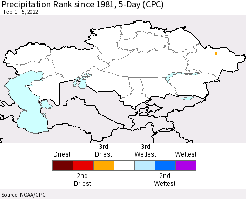 Kazakhstan Precipitation Rank since 1981, 5-Day (CPC) Thematic Map For 2/1/2022 - 2/5/2022