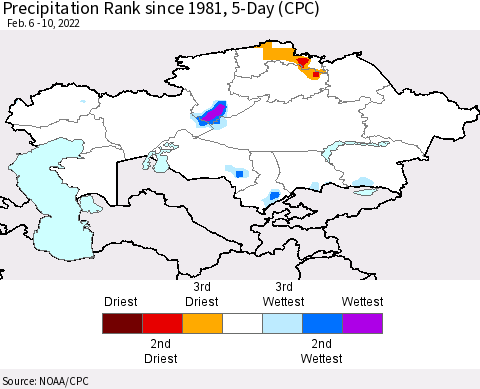 Kazakhstan Precipitation Rank since 1981, 5-Day (CPC) Thematic Map For 2/6/2022 - 2/10/2022