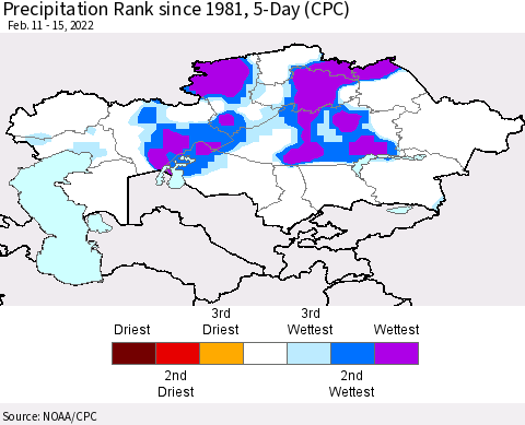 Kazakhstan Precipitation Rank since 1981, 5-Day (CPC) Thematic Map For 2/11/2022 - 2/15/2022