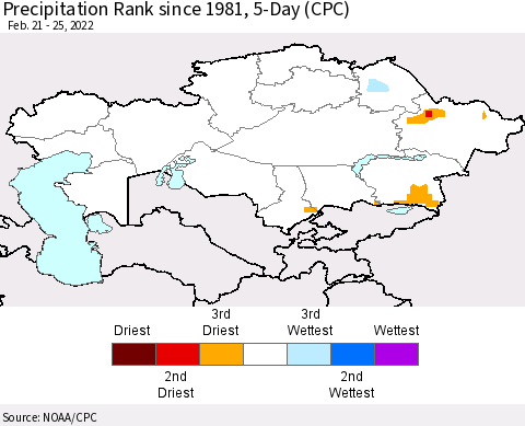 Kazakhstan Precipitation Rank since 1981, 5-Day (CPC) Thematic Map For 2/21/2022 - 2/25/2022