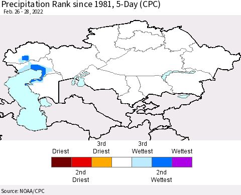 Kazakhstan Precipitation Rank since 1981, 5-Day (CPC) Thematic Map For 2/26/2022 - 2/28/2022