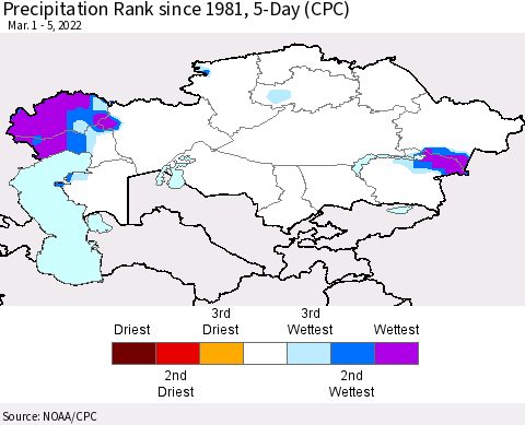 Kazakhstan Precipitation Rank since 1981, 5-Day (CPC) Thematic Map For 3/1/2022 - 3/5/2022