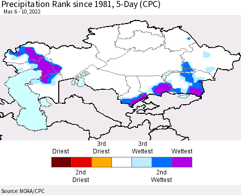 Kazakhstan Precipitation Rank since 1981, 5-Day (CPC) Thematic Map For 3/6/2022 - 3/10/2022