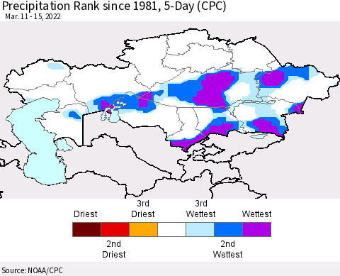 Kazakhstan Precipitation Rank since 1981, 5-Day (CPC) Thematic Map For 3/11/2022 - 3/15/2022