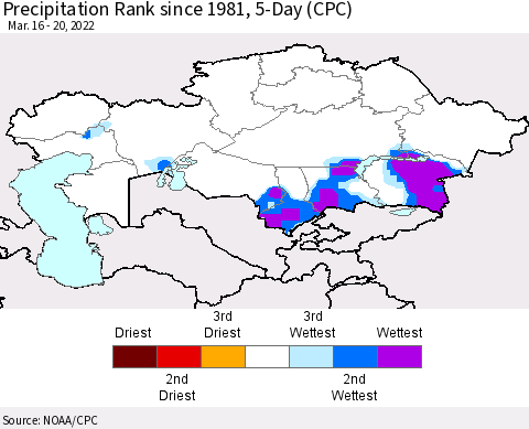 Kazakhstan Precipitation Rank since 1981, 5-Day (CPC) Thematic Map For 3/16/2022 - 3/20/2022