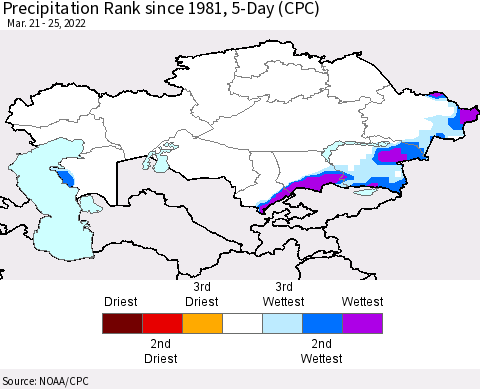 Kazakhstan Precipitation Rank since 1981, 5-Day (CPC) Thematic Map For 3/21/2022 - 3/25/2022