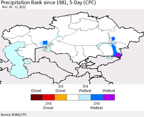 Kazakhstan Precipitation Rank since 1981, 5-Day (CPC) Thematic Map For 3/26/2022 - 3/31/2022