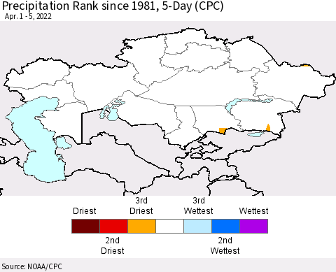 Kazakhstan Precipitation Rank since 1981, 5-Day (CPC) Thematic Map For 4/1/2022 - 4/5/2022