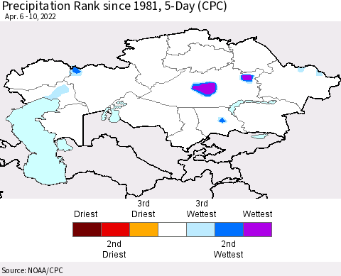 Kazakhstan Precipitation Rank since 1981, 5-Day (CPC) Thematic Map For 4/6/2022 - 4/10/2022