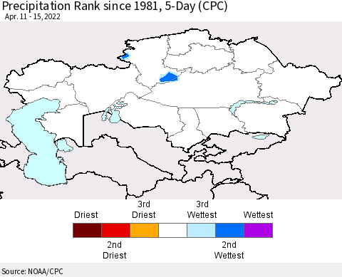 Kazakhstan Precipitation Rank since 1981, 5-Day (CPC) Thematic Map For 4/11/2022 - 4/15/2022