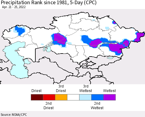 Kazakhstan Precipitation Rank since 1981, 5-Day (CPC) Thematic Map For 4/21/2022 - 4/25/2022