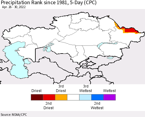 Kazakhstan Precipitation Rank since 1981, 5-Day (CPC) Thematic Map For 4/26/2022 - 4/30/2022