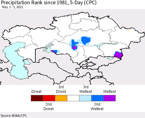 Kazakhstan Precipitation Rank since 1981, 5-Day (CPC) Thematic Map For 5/1/2022 - 5/5/2022