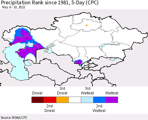 Kazakhstan Precipitation Rank since 1981, 5-Day (CPC) Thematic Map For 5/6/2022 - 5/10/2022