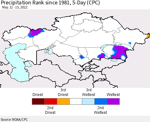 Kazakhstan Precipitation Rank since 1981, 5-Day (CPC) Thematic Map For 5/11/2022 - 5/15/2022