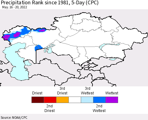 Kazakhstan Precipitation Rank since 1981, 5-Day (CPC) Thematic Map For 5/16/2022 - 5/20/2022