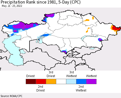 Kazakhstan Precipitation Rank since 1981, 5-Day (CPC) Thematic Map For 5/21/2022 - 5/25/2022