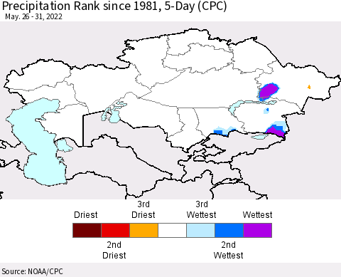 Kazakhstan Precipitation Rank since 1981, 5-Day (CPC) Thematic Map For 5/26/2022 - 5/31/2022