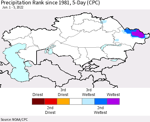 Kazakhstan Precipitation Rank since 1981, 5-Day (CPC) Thematic Map For 6/1/2022 - 6/5/2022