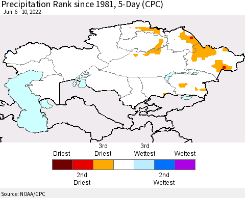 Kazakhstan Precipitation Rank since 1981, 5-Day (CPC) Thematic Map For 6/6/2022 - 6/10/2022