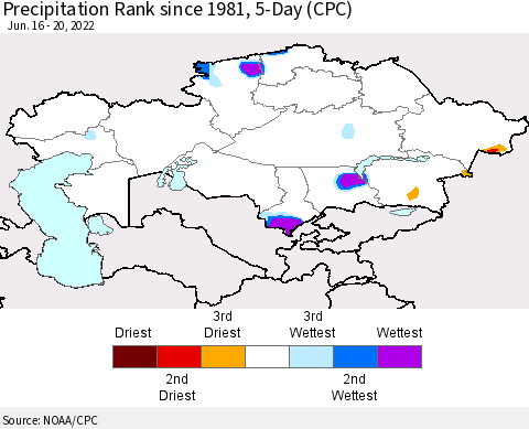 Kazakhstan Precipitation Rank since 1981, 5-Day (CPC) Thematic Map For 6/16/2022 - 6/20/2022