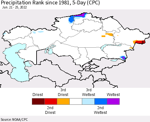 Kazakhstan Precipitation Rank since 1981, 5-Day (CPC) Thematic Map For 6/21/2022 - 6/25/2022