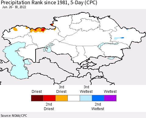 Kazakhstan Precipitation Rank since 1981, 5-Day (CPC) Thematic Map For 6/26/2022 - 6/30/2022