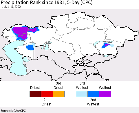 Kazakhstan Precipitation Rank since 1981, 5-Day (CPC) Thematic Map For 7/1/2022 - 7/5/2022