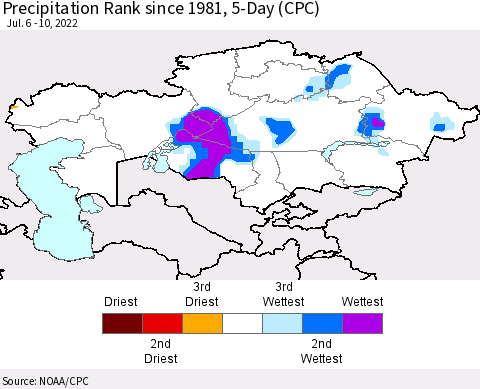 Kazakhstan Precipitation Rank since 1981, 5-Day (CPC) Thematic Map For 7/6/2022 - 7/10/2022