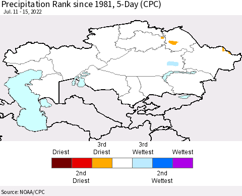 Kazakhstan Precipitation Rank since 1981, 5-Day (CPC) Thematic Map For 7/11/2022 - 7/15/2022