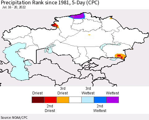 Kazakhstan Precipitation Rank since 1981, 5-Day (CPC) Thematic Map For 7/16/2022 - 7/20/2022