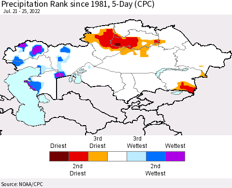 Kazakhstan Precipitation Rank since 1981, 5-Day (CPC) Thematic Map For 7/21/2022 - 7/25/2022
