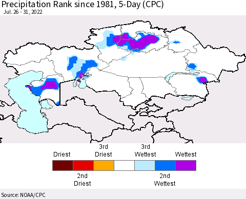 Kazakhstan Precipitation Rank since 1981, 5-Day (CPC) Thematic Map For 7/26/2022 - 7/31/2022