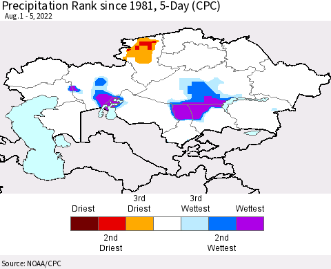 Kazakhstan Precipitation Rank since 1981, 5-Day (CPC) Thematic Map For 8/1/2022 - 8/5/2022