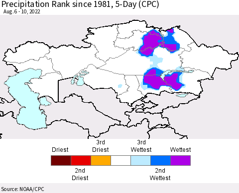 Kazakhstan Precipitation Rank since 1981, 5-Day (CPC) Thematic Map For 8/6/2022 - 8/10/2022