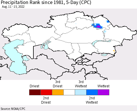 Kazakhstan Precipitation Rank since 1981, 5-Day (CPC) Thematic Map For 8/11/2022 - 8/15/2022