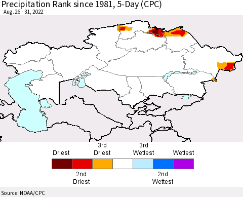 Kazakhstan Precipitation Rank since 1981, 5-Day (CPC) Thematic Map For 8/26/2022 - 8/31/2022