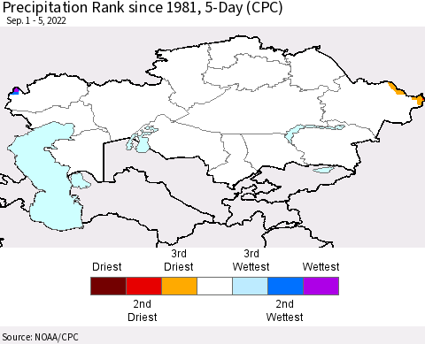 Kazakhstan Precipitation Rank since 1981, 5-Day (CPC) Thematic Map For 9/1/2022 - 9/5/2022