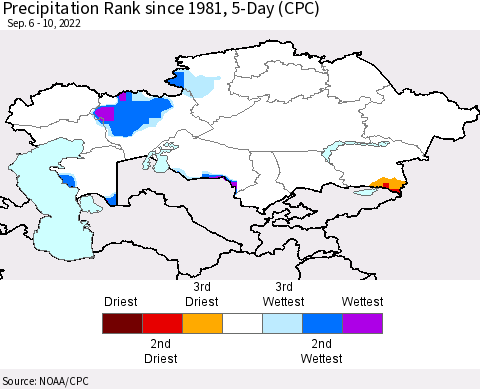 Kazakhstan Precipitation Rank since 1981, 5-Day (CPC) Thematic Map For 9/6/2022 - 9/10/2022