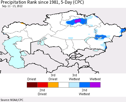 Kazakhstan Precipitation Rank since 1981, 5-Day (CPC) Thematic Map For 9/11/2022 - 9/15/2022