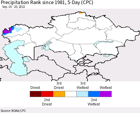 Kazakhstan Precipitation Rank since 1981, 5-Day (CPC) Thematic Map For 9/16/2022 - 9/20/2022