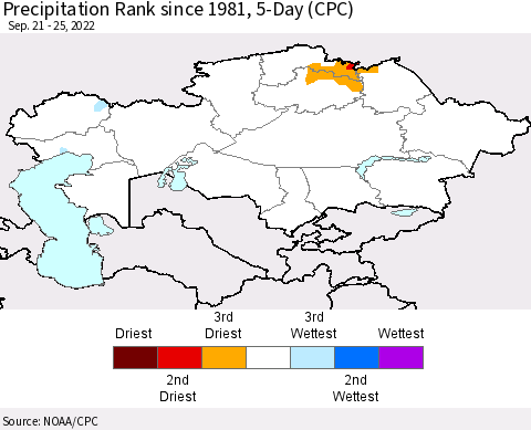 Kazakhstan Precipitation Rank since 1981, 5-Day (CPC) Thematic Map For 9/21/2022 - 9/25/2022
