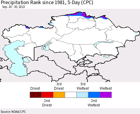 Kazakhstan Precipitation Rank since 1981, 5-Day (CPC) Thematic Map For 9/26/2022 - 9/30/2022