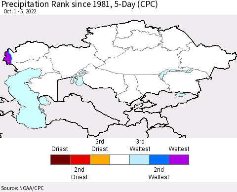 Kazakhstan Precipitation Rank since 1981, 5-Day (CPC) Thematic Map For 10/1/2022 - 10/5/2022