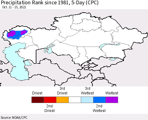 Kazakhstan Precipitation Rank since 1981, 5-Day (CPC) Thematic Map For 10/11/2022 - 10/15/2022