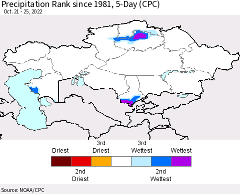 Kazakhstan Precipitation Rank since 1981, 5-Day (CPC) Thematic Map For 10/21/2022 - 10/25/2022