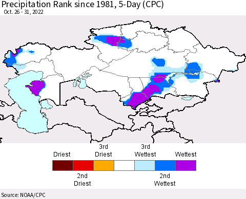 Kazakhstan Precipitation Rank since 1981, 5-Day (CPC) Thematic Map For 10/26/2022 - 10/31/2022